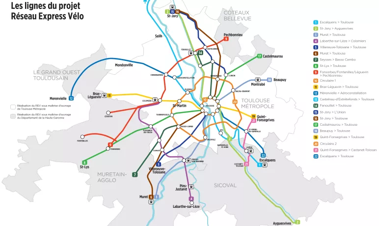 schéma du réseau express vélo extrait du site de Toulouse métropole